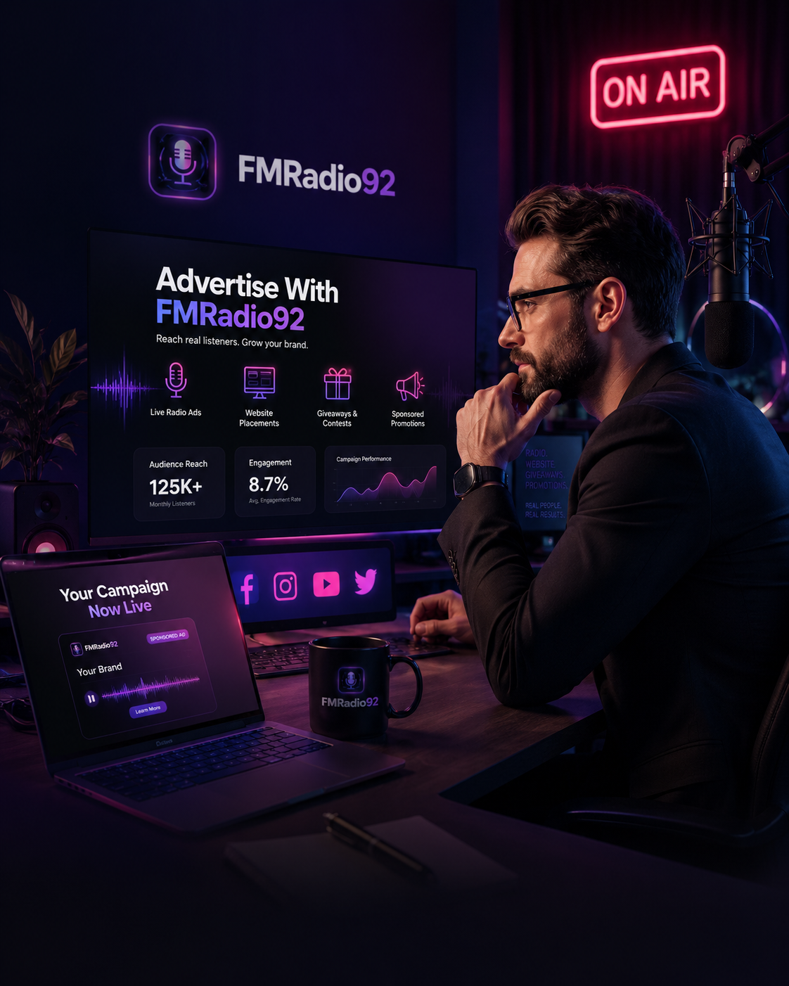 Advertise with FMRadio92 business radio ads and online campaign dashboard